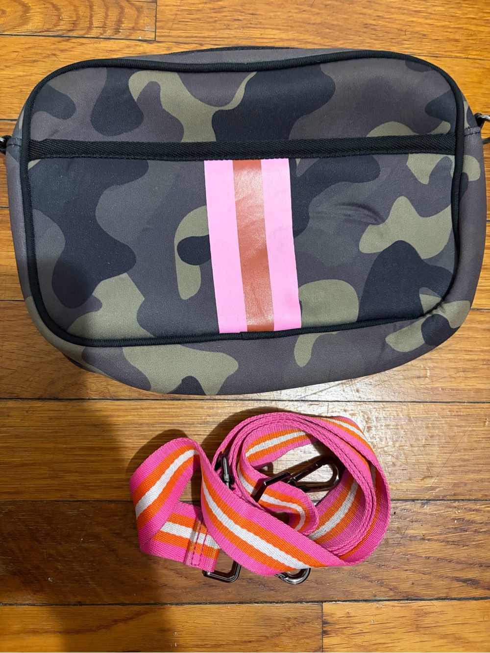 Camouflage Kids Crossbody Bag with Pink Stripe